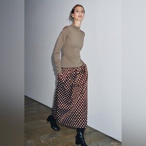 NWT ZARA BROWN N WHITE POLKADOT MIDI SKIRT - SIZE XS